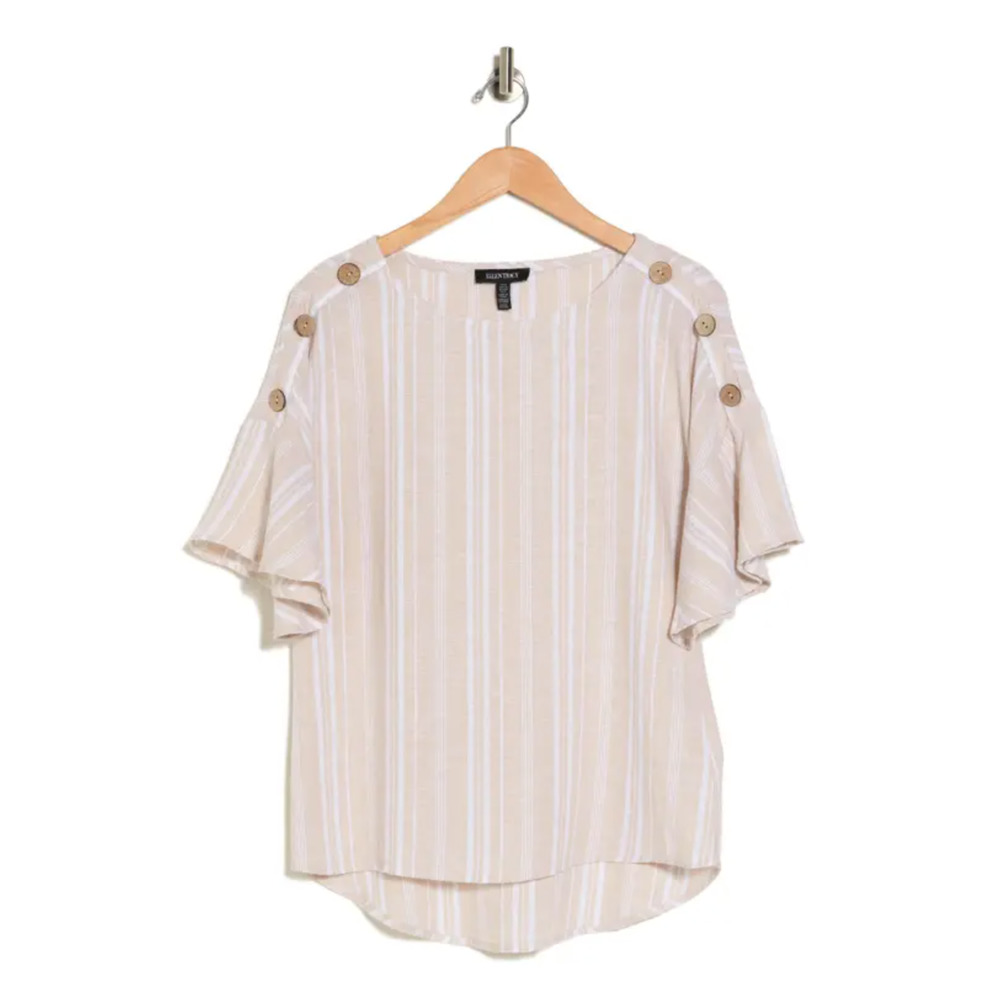 Ellen Tracy New Taupe stripe Round Neck Button Detail Linen Blend Top oversized